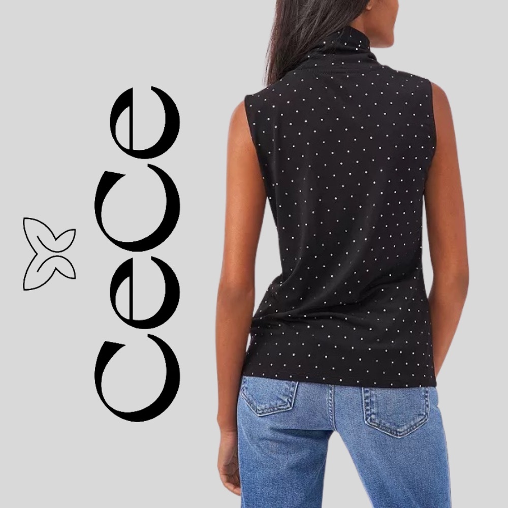 NWT CeCe Black Silver Studded Polka Dot Sleeveless Mock Neck Women’s Medium - Picture 2 of 3